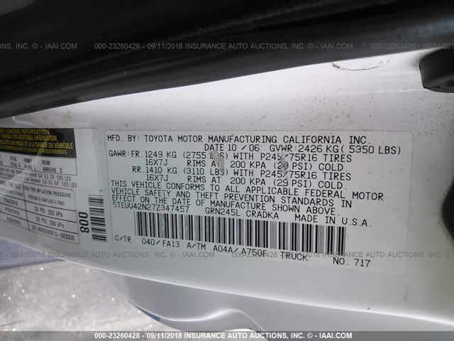 5TEUU42N27Z347457 - 2007 TOYOTA TACOMA ACCESS CAB Ақ фото 9