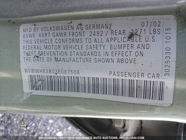 WVWWH63B03E087506 - 2003 VOLKSWAGEN PASSAT GLX 绿色 照片 9