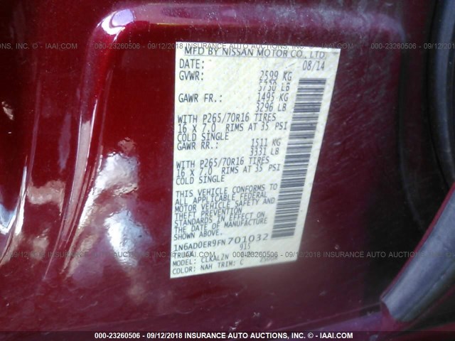 1N6AD0ER9FN701032 - 2015 NISSAN FRONTIER S/SV/SL/PRO-4X RED photo 9