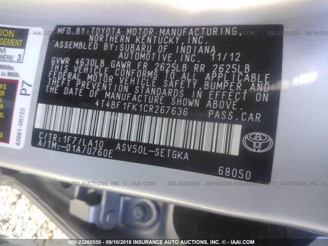 4T4BF1FK1CR267636 - 2012 TOYOTA CAMRY SE/LE/XLE 银色 照片 9