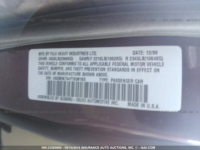 4S3BH6754Y7638163 - 2000 SUBARU LEGACY OUTBACK AWP 栗色 照片 9