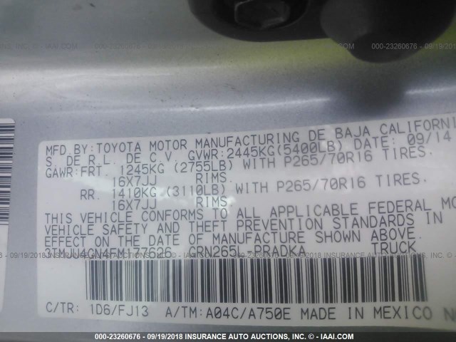 3TMJU4GN4FM177626 - 2015 TOYOTA TACOMA DOUBLE CAB PRERUNNER SILVER photo 9