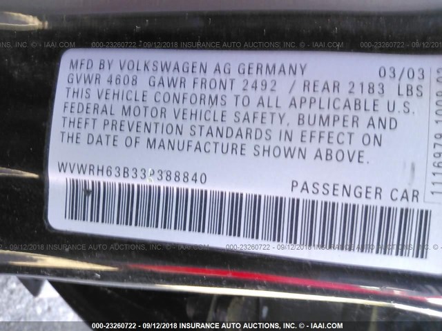 WVWRH63B33P388840 - 2003 VOLKSWAGEN PASSAT GLX BLACK photo 9