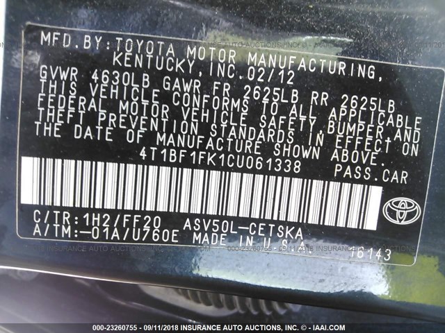 4T1BF1FK1CU061338 - 2012 TOYOTA CAMRY SE/LE/XLE 蓝色 照片 9