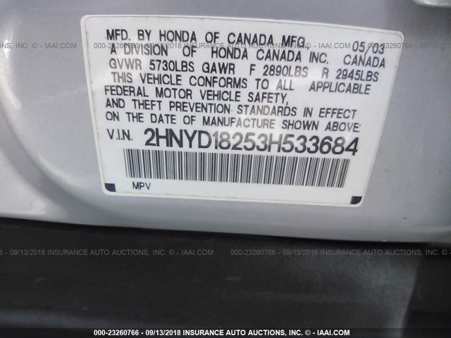 2HNYD18253H533684 - 2003 ACURA MDX SILVER photo 9