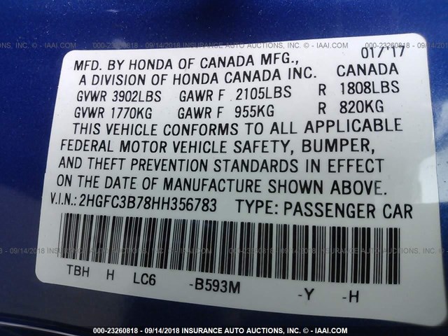 2HGFC3B78HH356783 - 2017 HONDA CIVIC EXL 蓝色 照片 9