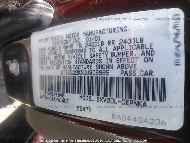 4T1BG22KX1U806965 - 2001 TOYOTA CAMRY CE/LE/XLE 勃艮第红 照片 9