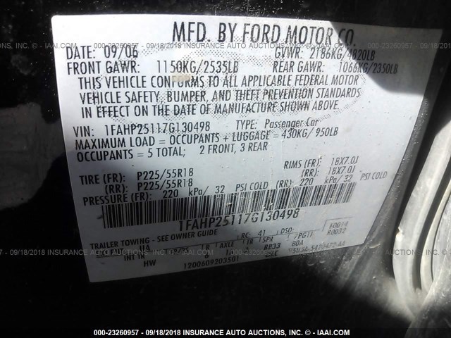 1FAHP25117G130498 - 2007 FORD FIVE HUNDRED LIMITED BLACK photo 9