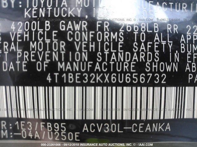 4T1BE32KX6U656732 - 2006 TOYOTA CAMRY LE/XLE/SE Сұр фото 9