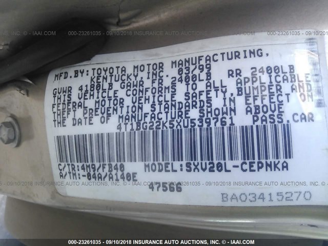 4T1BG22K5XU539761 - 1999 TOYOTA CAMRY CE/LE/XLE 金色 照片 9