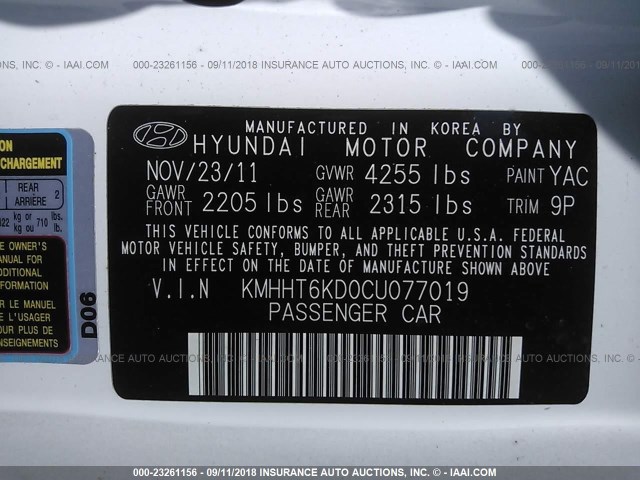 KMHHT6KD0CU077019 - 2012 HYUNDAI GENESIS COUPE 2.0T WHITE photo 9