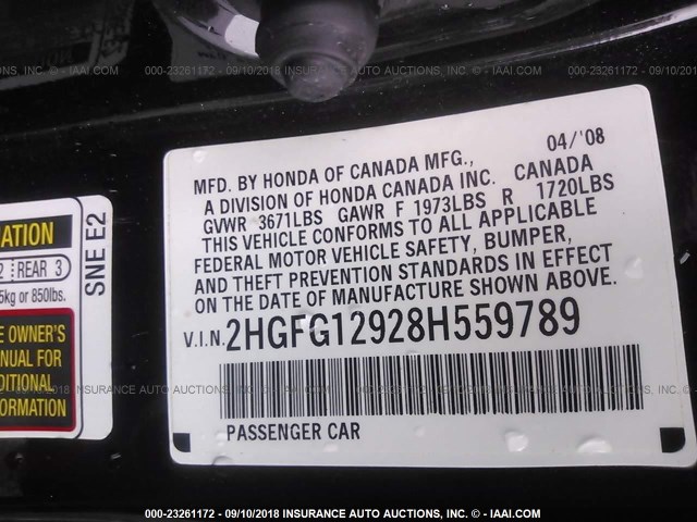 2HGFG12928H559789 - 2008 HONDA CIVIC EXL შავი ფოტო 9