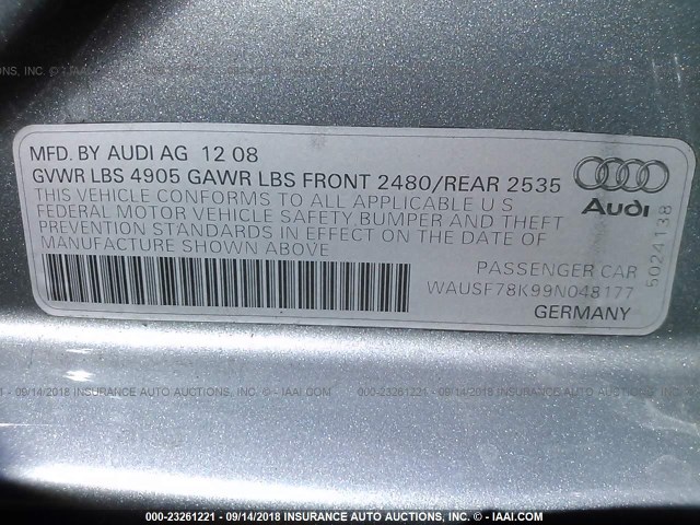 WAUSF78K99N048177 - 2009 AUDI A4 PREMIUM PLUS SILVER photo 9