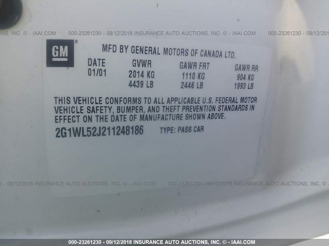 2G1WL52J211248186 - 2001 CHEVROLET LUMINA WHITE photo 9