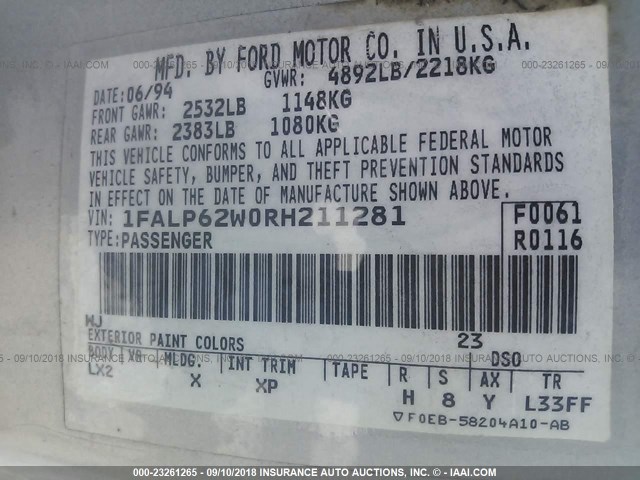 1FALP62W0RH211281 - 1994 FORD THUNDERBIRD LX SILVER photo 9