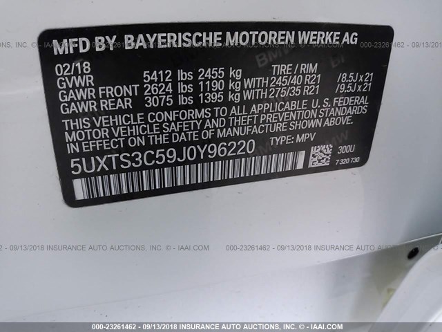 5UXTS3C59J0Y96220 - 2018 BMW X3 XDRIVE30I WHITE photo 9