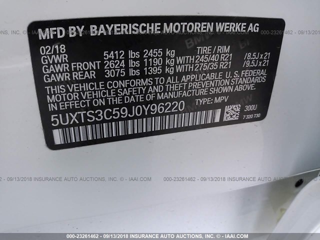 5UXTS3C59J0Y96220 - 2018 BMW X3 XDRIVE30I Ақ фото 9
