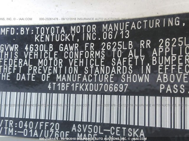 4T1BF1FKXDU706697 - 2013 TOYOTA CAMRY L/SE/LE/XLE Ağ foto 9
