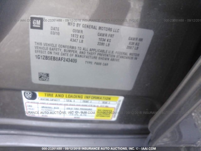 1G1ZB5EB8AF243409 - 2010 CHEVROLET MALIBU LS ნაცრისფერი ფოტო 9