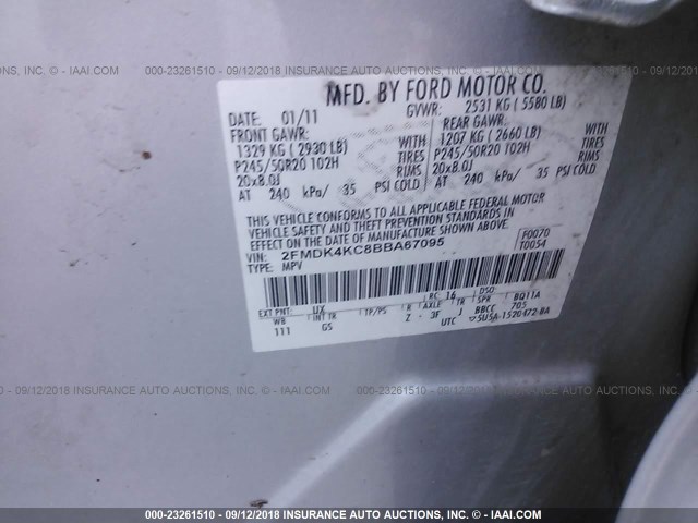 2FMDK4KC8BBA67095 - 2011 FORD EDGE LIMITED SILVER photo 9