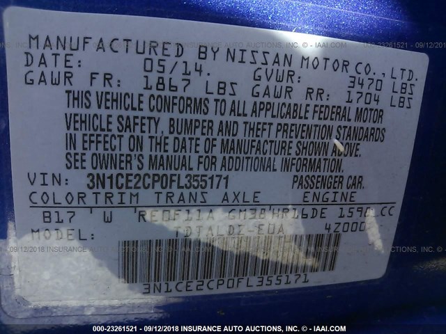 3N1CE2CP0FL355171 - 2015 NISSAN VERSA NOTE S/S PLUS/SV/SL/SR BLUE photo 9