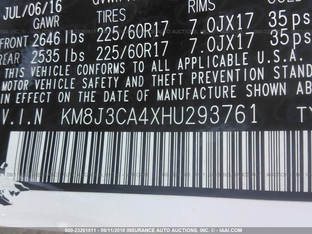 KM8J3CA4XHU293761 - 2017 HYUNDAI TUCSON LIMITED/SPORT AND ECO/SE WHITE photo 9