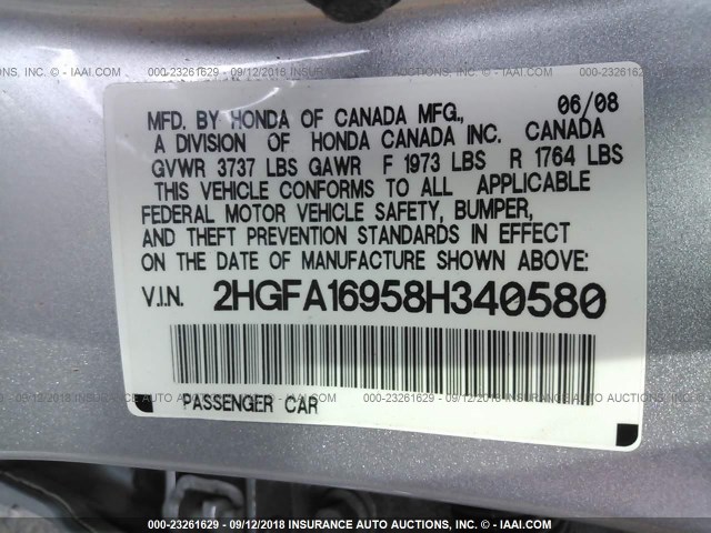 2HGFA16958H340580 - 2008 HONDA CIVIC EXL Gümüş foto 9