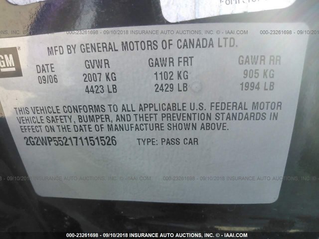 2G2WP552171151526 - 2007 PONTIAC GRAND PRIX BLACK photo 9