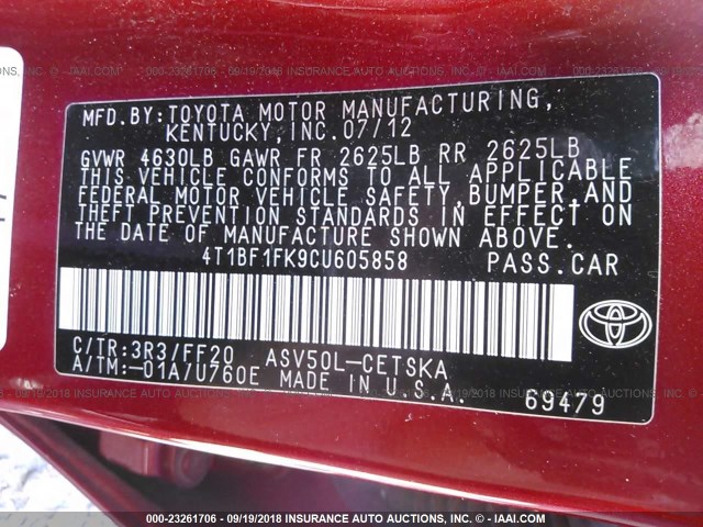 4T1BF1FK9CU605858 - 2012 TOYOTA CAMRY SE/LE/XLE MAROON photo 9