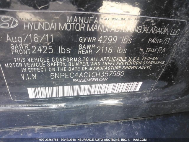 5NPEC4AC1CH357580 - 2012 HYUNDAI SONATA SE/LIMITED BLACK photo 9