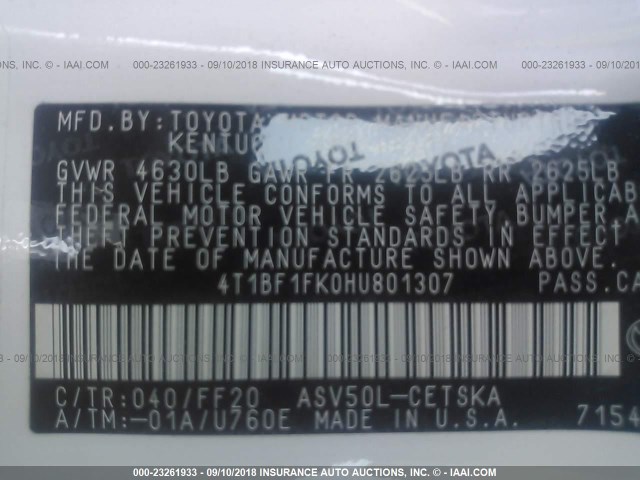 4T1BF1FK0HU801307 - 2017 TOYOTA CAMRY LE/XLE/SE/XSE 白色 照片 9