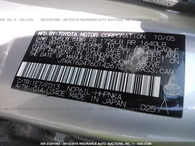 JTKKT624760142673 - 2006 TOYOTA SCION XA SILVER photo 9