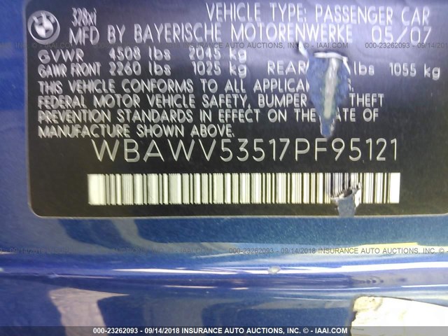 WBAWV53517PF95121 - 2007 BMW 328 XI SULEV BLUE photo 9