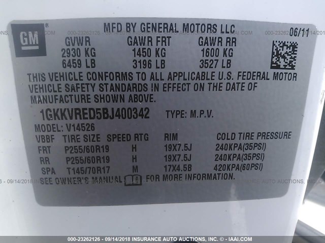 1GKKVRED5BJ400342 - 2011 GMC ACADIA SLT-1 WHITE photo 9