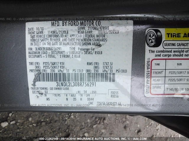 3LNDL2L30BR756291 - 2011 LINCOLN MKZ HYBRID GRAY photo 9