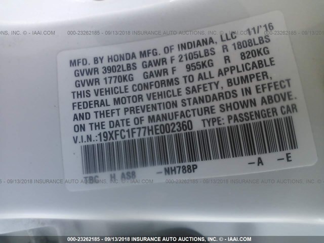 19XFC1F77HE002360 - 2017 HONDA CIVIC EXL WHITE photo 9