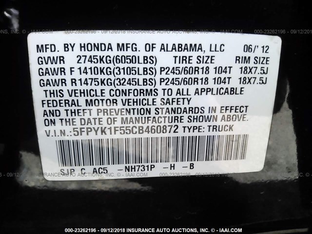 5FPYK1F55CB460872 - 2012 HONDA RIDGELINE RTL BLACK photo 9