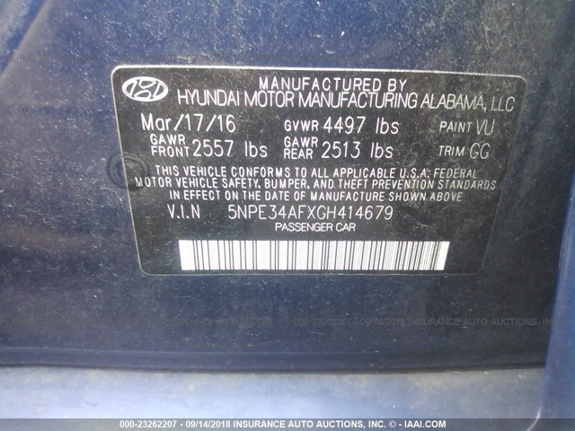 5NPE34AFXGH414679 - 2016 HYUNDAI SONATA SPORT/LIMITED BLUE photo 9