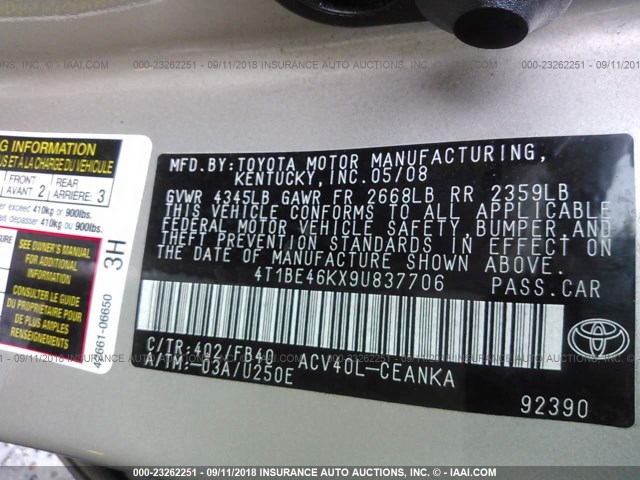 4T1BE46KX9U837706 - 2009 TOYOTA CAMRY SE/LE/XLE თაფლისფერი ფოტო 9