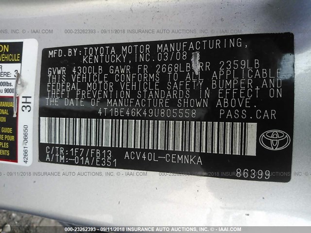 4T1BE46K49U805558 - 2009 TOYOTA CAMRY SE/LE/XLE ვერცხლისფერი ფოტო 9