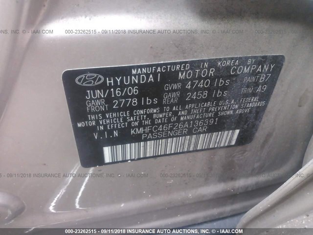 KMHFC46F26A136391 - 2006 HYUNDAI AZERA SE/LIMITED GOLD photo 9