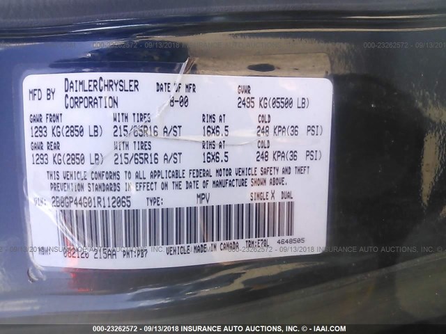 2B8GP44G01R112065 - 2001 DODGE GRAND CARAVAN SPORT BLUE photo 9