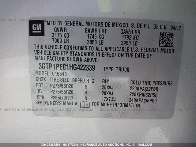3GTP1PEC1HG422339 - 2017 GMC SIERRA C1500 DENALI SILVER photo 9