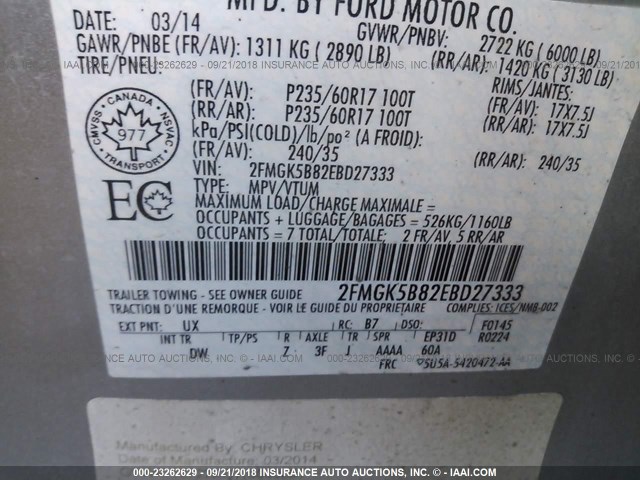 2FMGK5B82EBD27333 - 2014 FORD FLEX SE SILVER photo 9