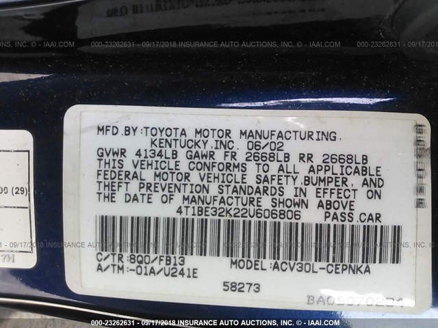 4T1BE32K22U606806 - 2002 TOYOTA CAMRY LE/XLE/SE 蓝色 照片 9