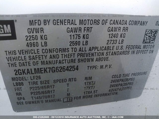 2GKALMEK7G6264254 - 2016 GMC TERRAIN SLE WHITE photo 9