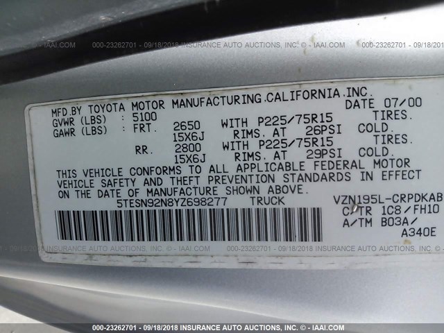 5TESN92N8YZ698277 - 2000 TOYOTA TACOMA XTRACAB PRERUNNER ვერცხლისფერი ფოტო 9