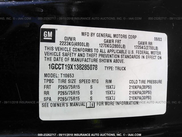 1GCCT19X138285078 - 2003 CHEVROLET S TRUCK S10 BLACK photo 9