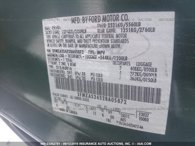 2FMZA52452BA05872 - 2002 FORD WINDSTAR SE GREEN photo 9