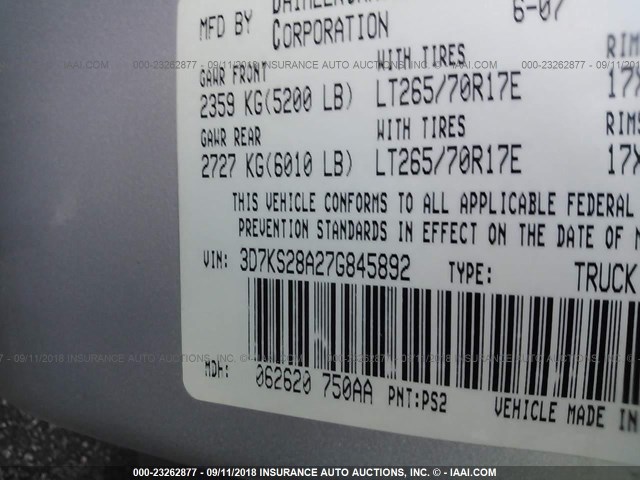 3D7KS28A27G845892 - 2007 DODGE RAM 2500 ST/SLT 银色 照片 9